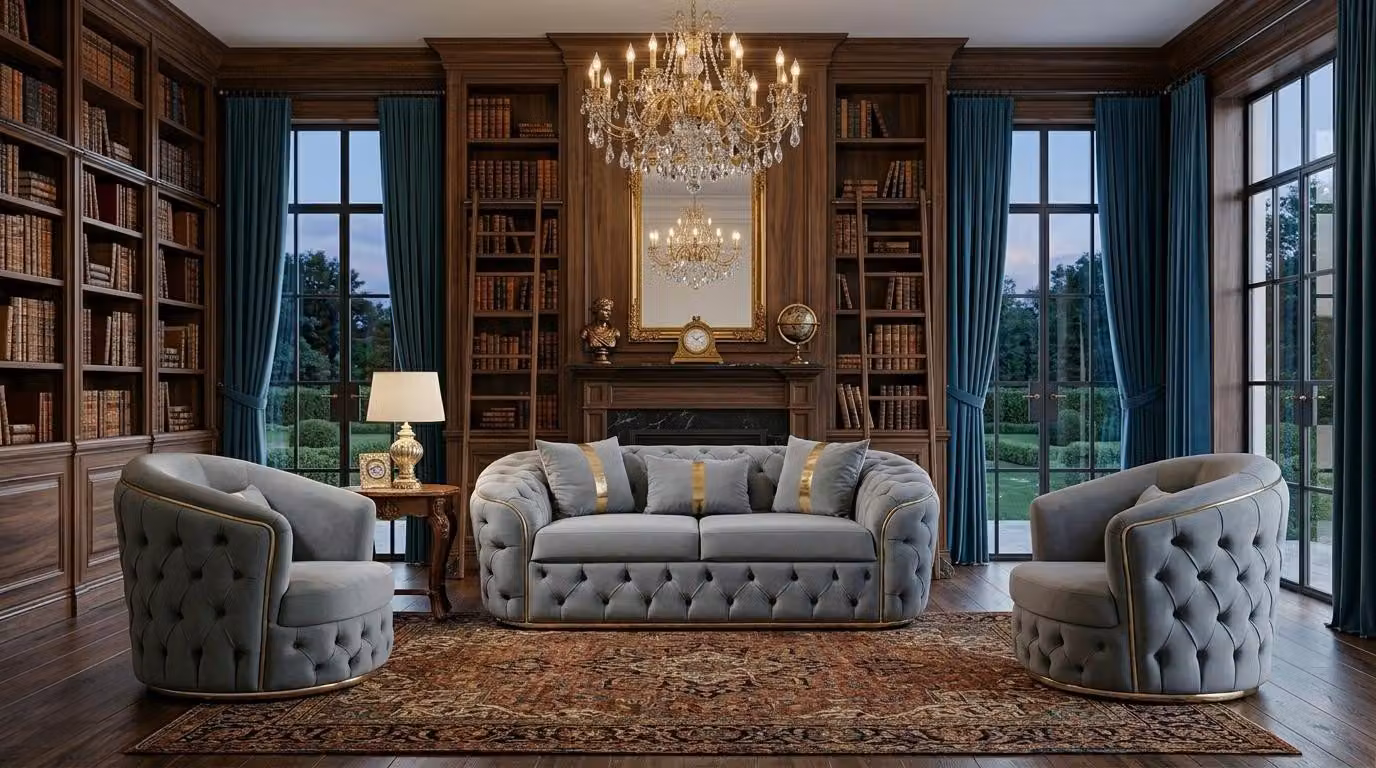 Set moderno blu Chesterfield per soggiorno, composto da un divano a tre posti e due poltrone