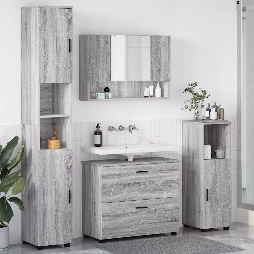 Set di mobili per il bagno vidaXL 4 pezzi Grigio con armadietto specchio e colonna, L/P/H: 35 x 30 x 192 cm – 1