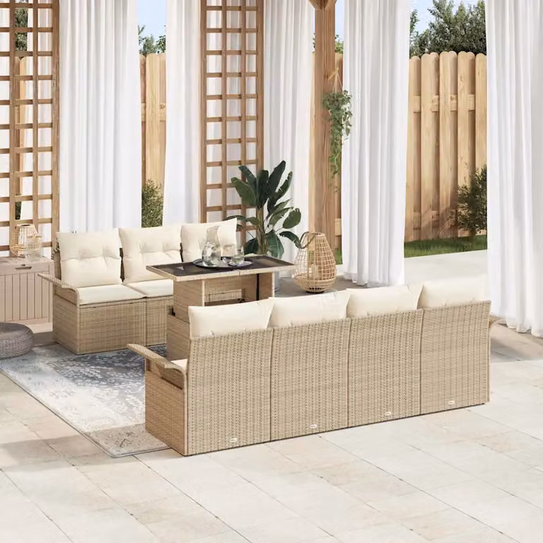 Set Divano da Giardino a L vidaXL 8 Pezzi Beige con Cuscini e Tavolino in Polyrattan e Acciaio