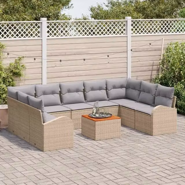 Set Divano da Giardino a Forma di U vidaXL in Polyrattan con Tavolino e Cuscini, Beige e Grigio