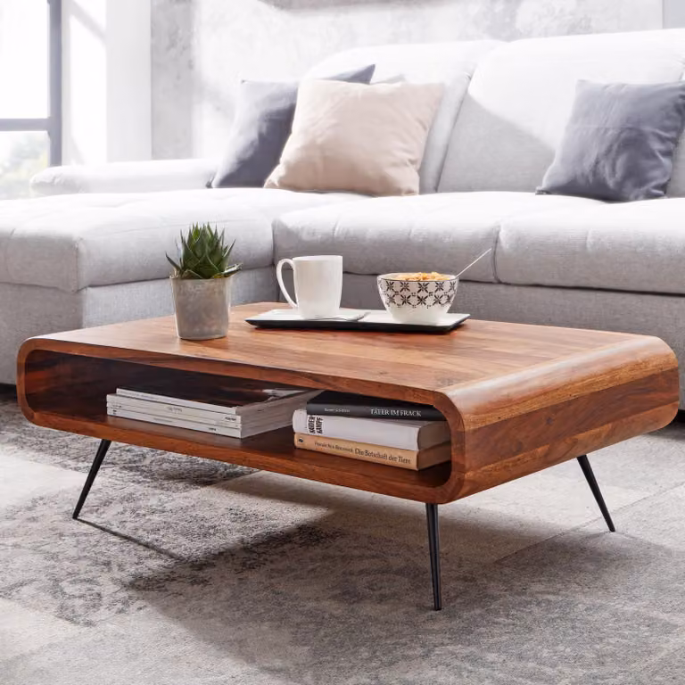 FineBuy tavolino da caffè in legno massiccio Sheesham 90 cm - tavolino da salotto fatto a mano con ripiano dal design retrò | tavolino in legno naturale con finitura laccata trasparente