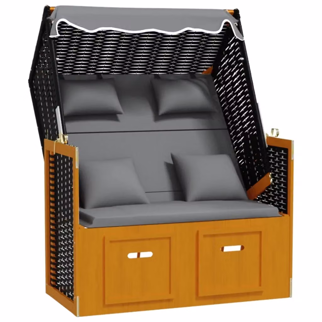 Poltrona a sdraio con tendalino e cuscini vidaXL in polyrattan e legno massello, colore nero antracite e bianco – 2