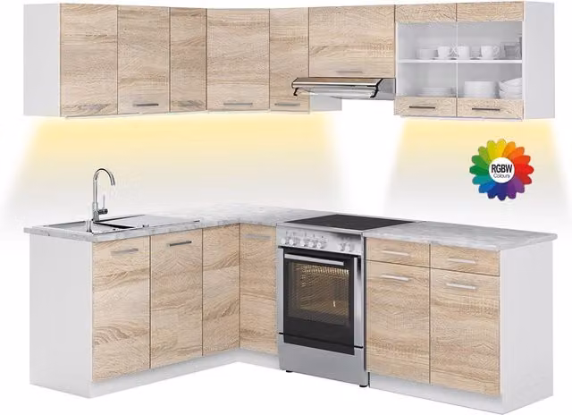 Cucina ad angolo moderna Vicco R-Line Sonoma/Bianco con illuminazione LED integrata – 1