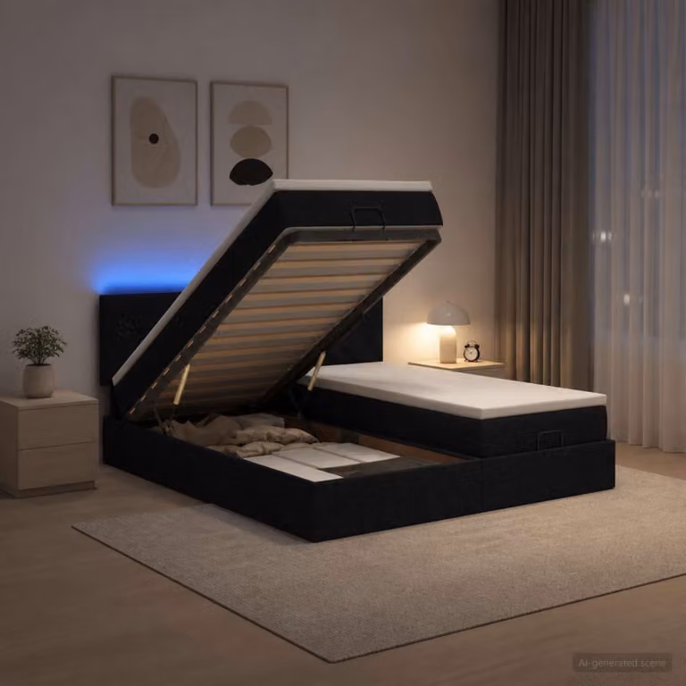 Letto Ottomano vidaXL con Materasso Ibrido e Illuminazione LED Sotto il Letto, Colore Nero, L/P/H: 200 x 200 x 88 cm