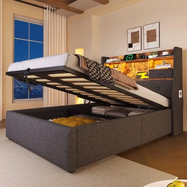 Letto singolo Mivray con contenitore e materasso in tessuto di lino grigio, dotato di illuminazione LED, ricarica USB Type-C e mensola integrata, L/P: 90 x 200 cm