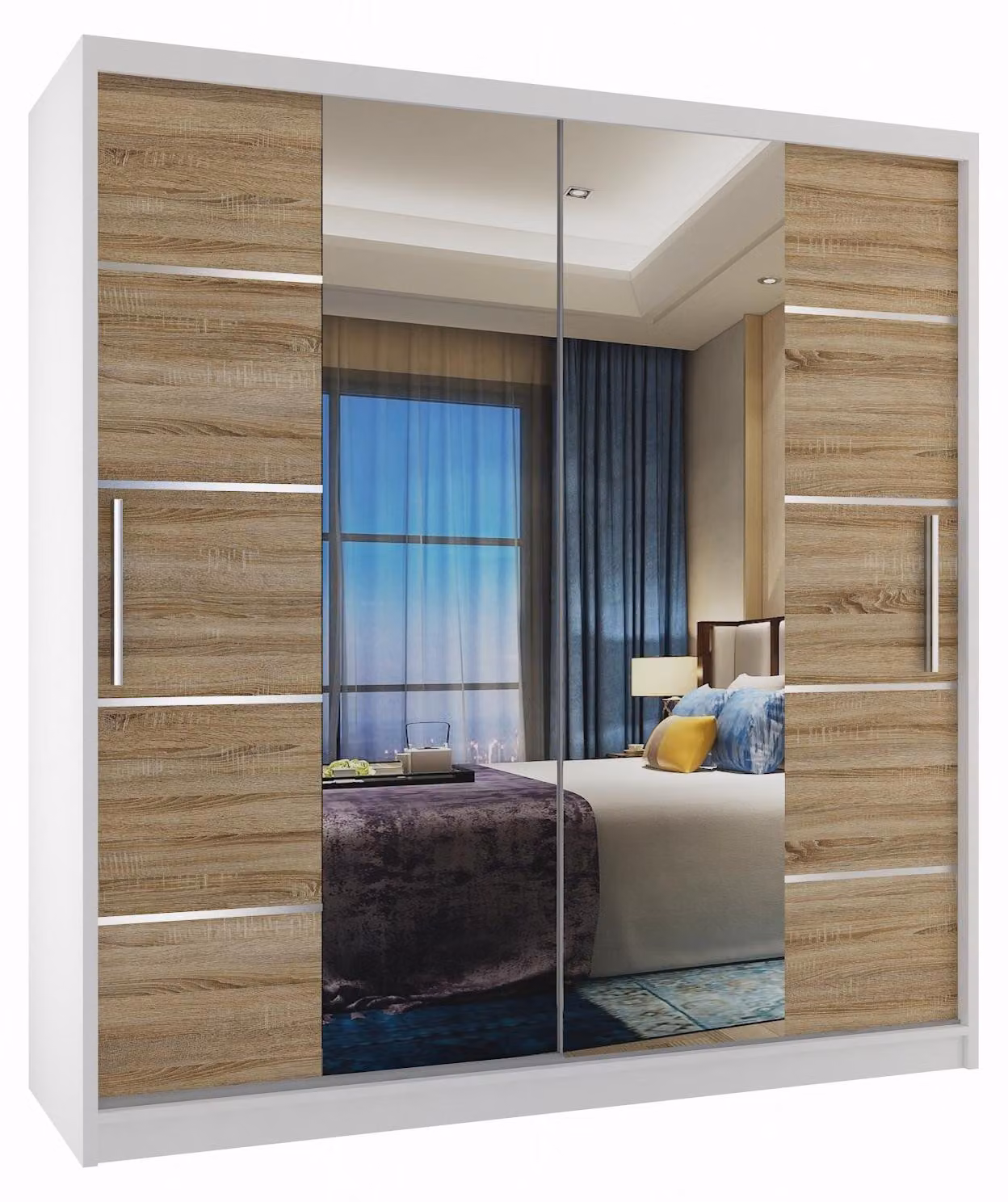 BELINI Verona, armadio scorrevole da 158 cm, bianco/effetto legno sonoma opaco. Armadio con specchio e 2 cassetti, ideale per la camera da letto