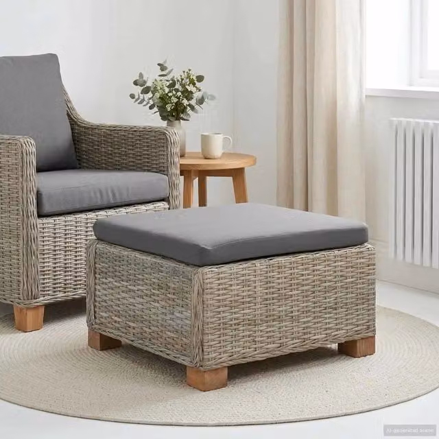 Poggiapiedi con Cuscino vidaXL in Polyrattan e Legno, Colore Grigio, L/P/H: 67 x 42 x 35 cm