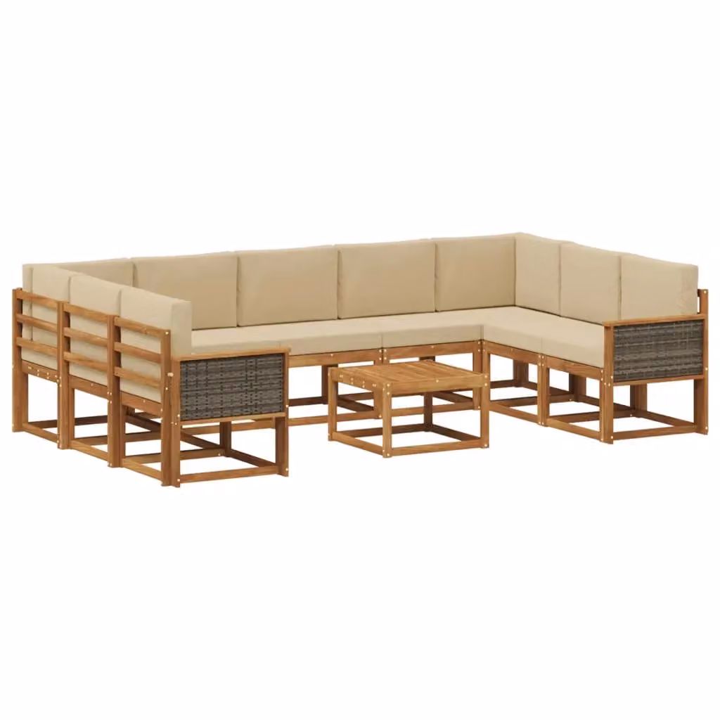 Set di divani da esterno a L con tavolino da giardino vidaXL in legno di acacia, 10 pezzi, Beige e Marrone – 2
