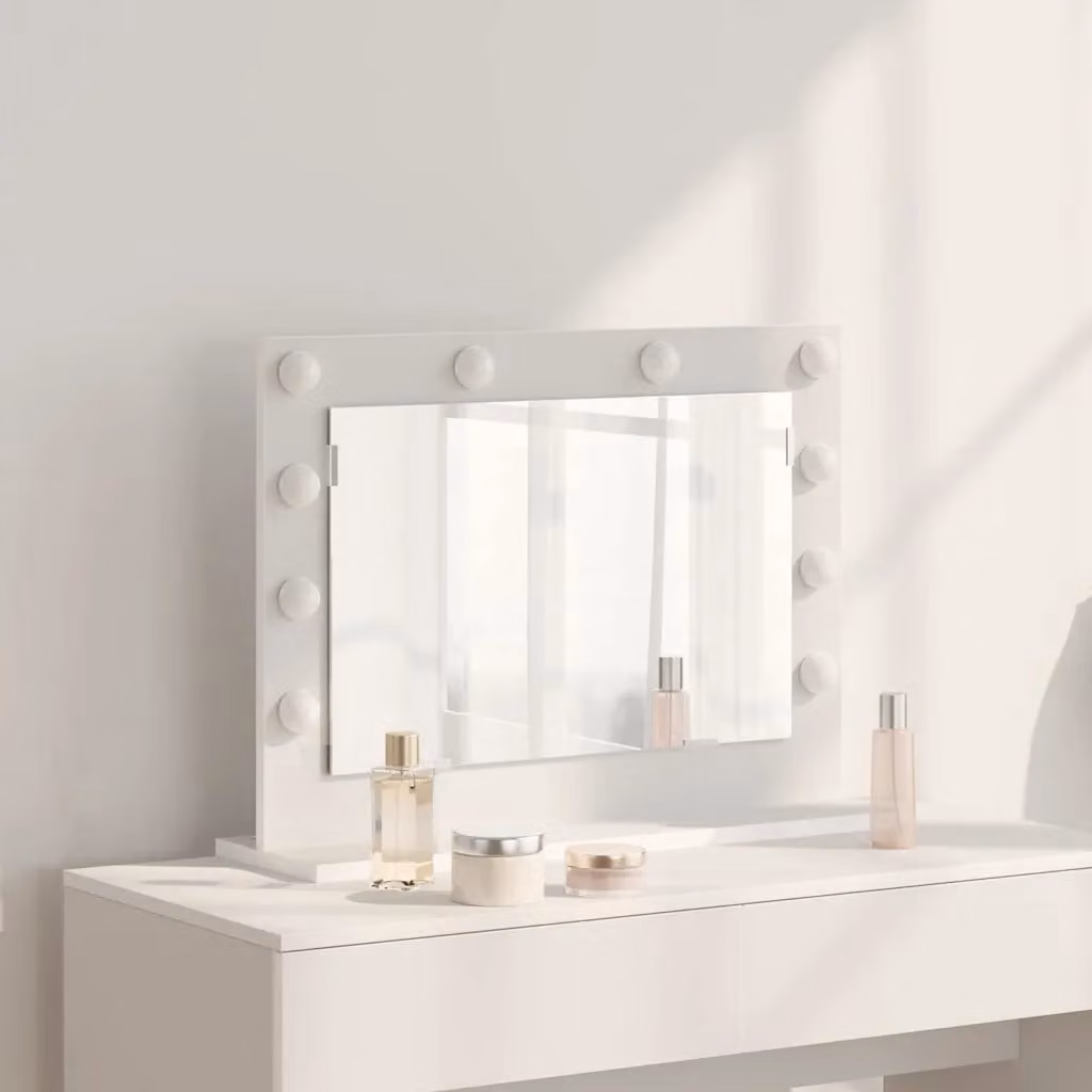 Specchio da vanità vidaXL bianco con luce LED e ricarica USB, design moderno rettangolare, L: 60 cm, P: 45 cm, H: 18 cm