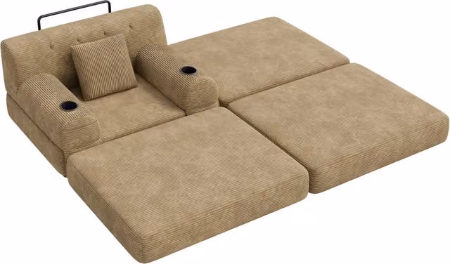 Poltrona letto Chicfurn con poggiapiedi e braccioli in velluto a coste beige con struttura in metallo – 1