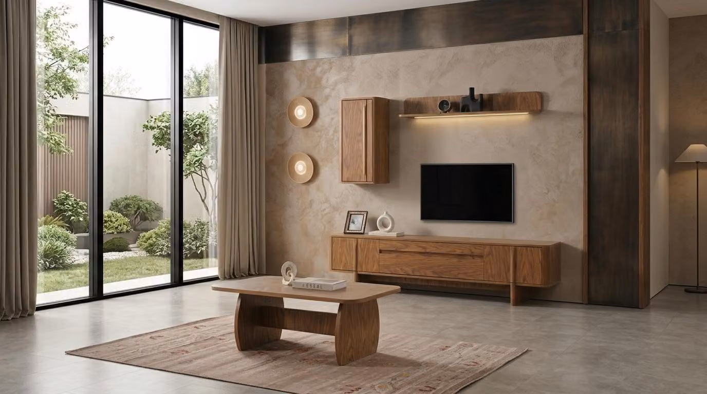 Mobile TV da parete, pensile, ripiano, stile moderno, colore marrone, forma rettangolare