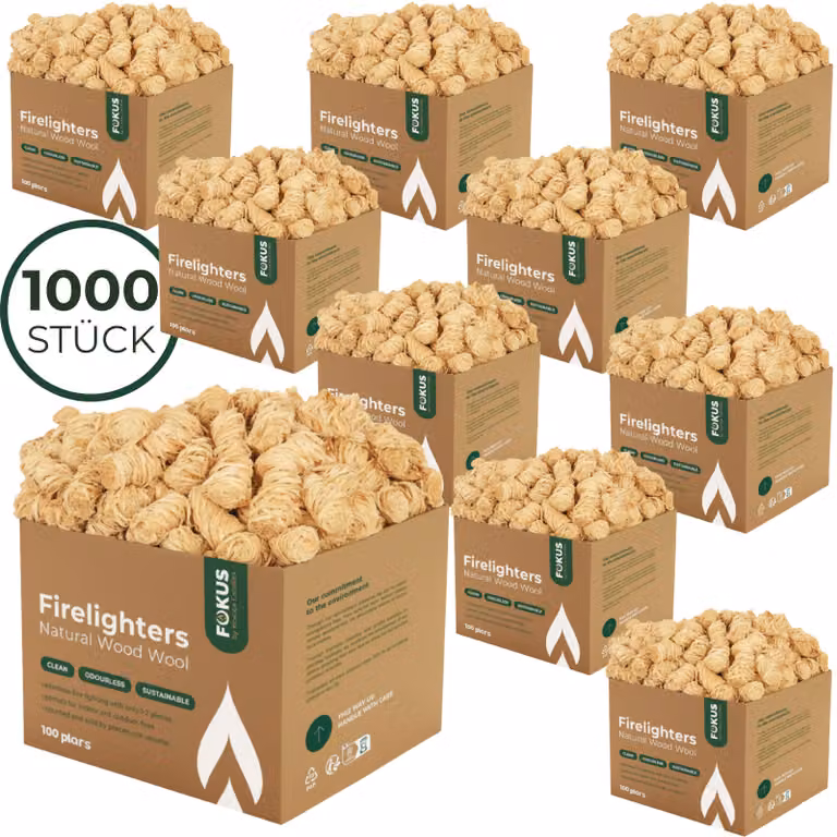 HORECA CANDLES Accendifuoco in fibra di legno 1000 pezzi – Accendifuoco ecologico di grandi dimensioni in fibra di legno naturale – Per caminetti, barbecue, stufe e forni per pizza – Resistente all'acqua