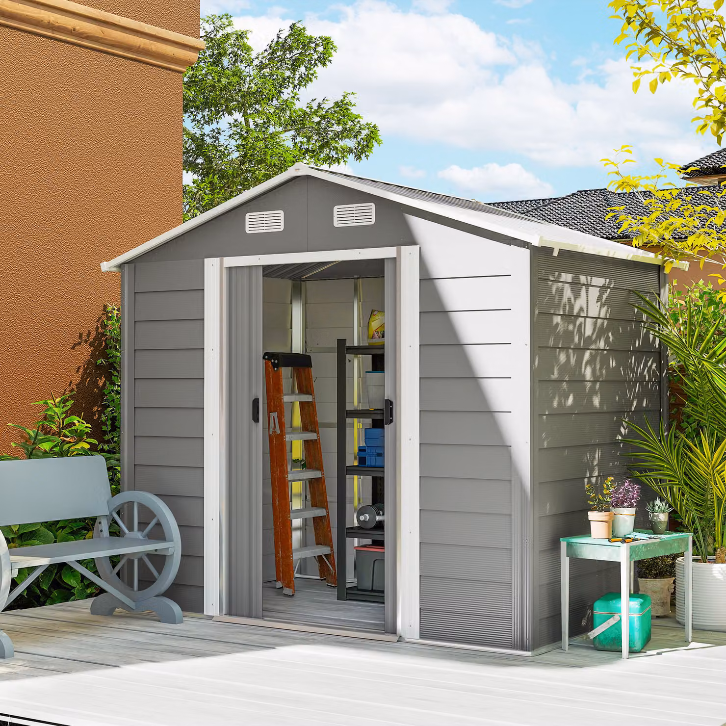 Casetta da Giardino Outsunny con Porte Scorrevoli e 4 Prese d'Aria, Capanno Attrezzi in Acciaio e PP, L: 196 cm, P: 236 cm, H: 208 cm, Grigio Chiaro – 2