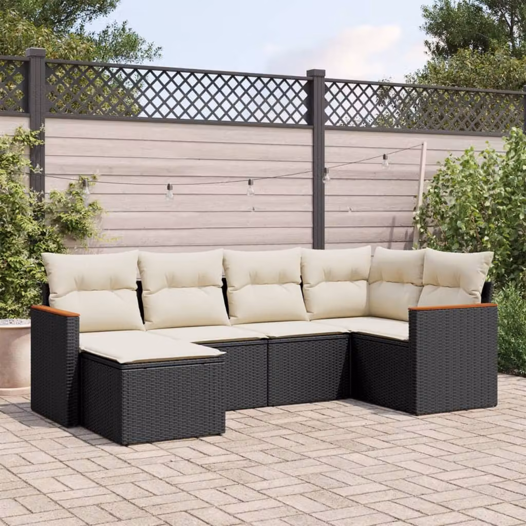 vidaXL Set Divano da Giardino 6 pz a Forma di L con Cuscini Nero e Struttura in Metallo e Rattan – 1