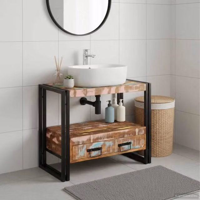 Mobile sottolavabo da bagno vidaXL in legno e metallo nero e multicolore con ante a battente e ripiani interni