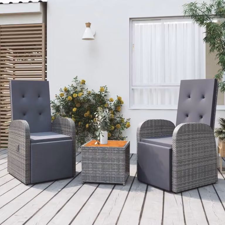The Living Store Set da giardino 3 pz. Set da giardino in poly rattan grigio e legno massiccio di acacia