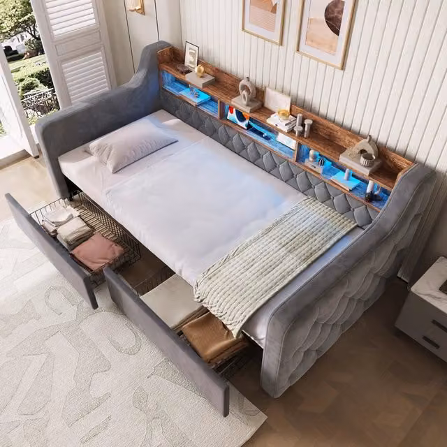 Letto imbottito contenitore singolo ¨C Minimal ¨C Grigio scuro velluto con LED 90x190 cm rete a doghe 2 cassetti USB Type-C