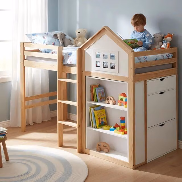 Letto a soppalco 90 × 200 cm 1 posto con 3 cassetti, ripiani e barriere, senza materasso, bianco naturale