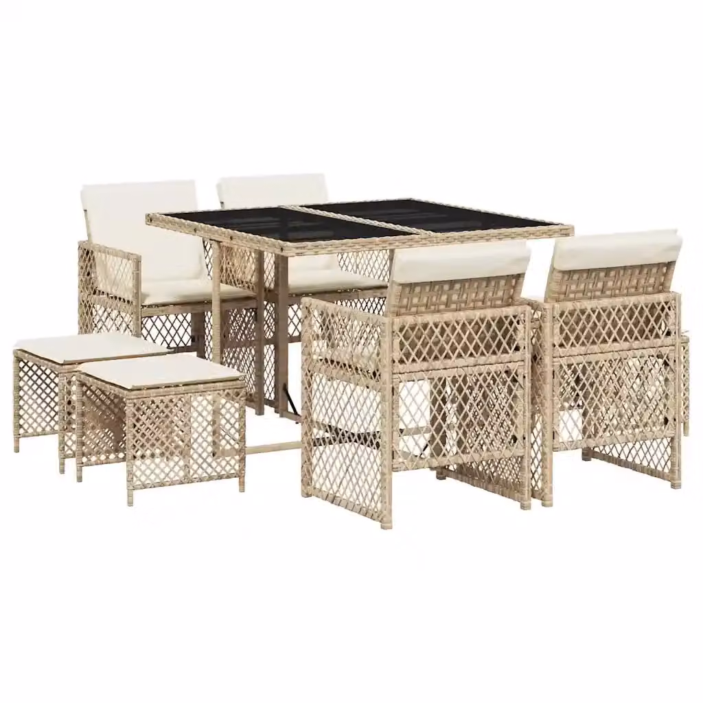 vidaXL Set da Pranzo da Giardino 9 pz in Polyrattan con Cuscini Beige e Piano in Vetro – 2