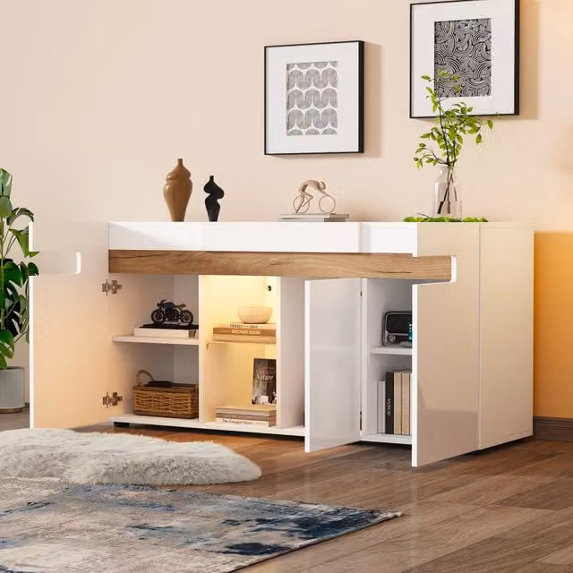 Credenza con LED controllato tramite app 3 ante e ripiano in vetro per soggiorno bianco e naturale 140 × 40 × 70 cm