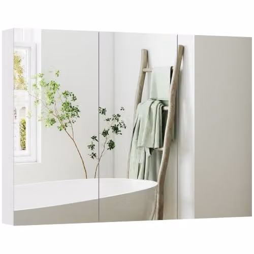 Helloshop26 Armadio da parete Bagno Specchio Tripla 91.5 x 11.5 x 65 cm Ripiani regolabili Stoccaggio Moderno Compatto in MDF Bianco 21_0002096