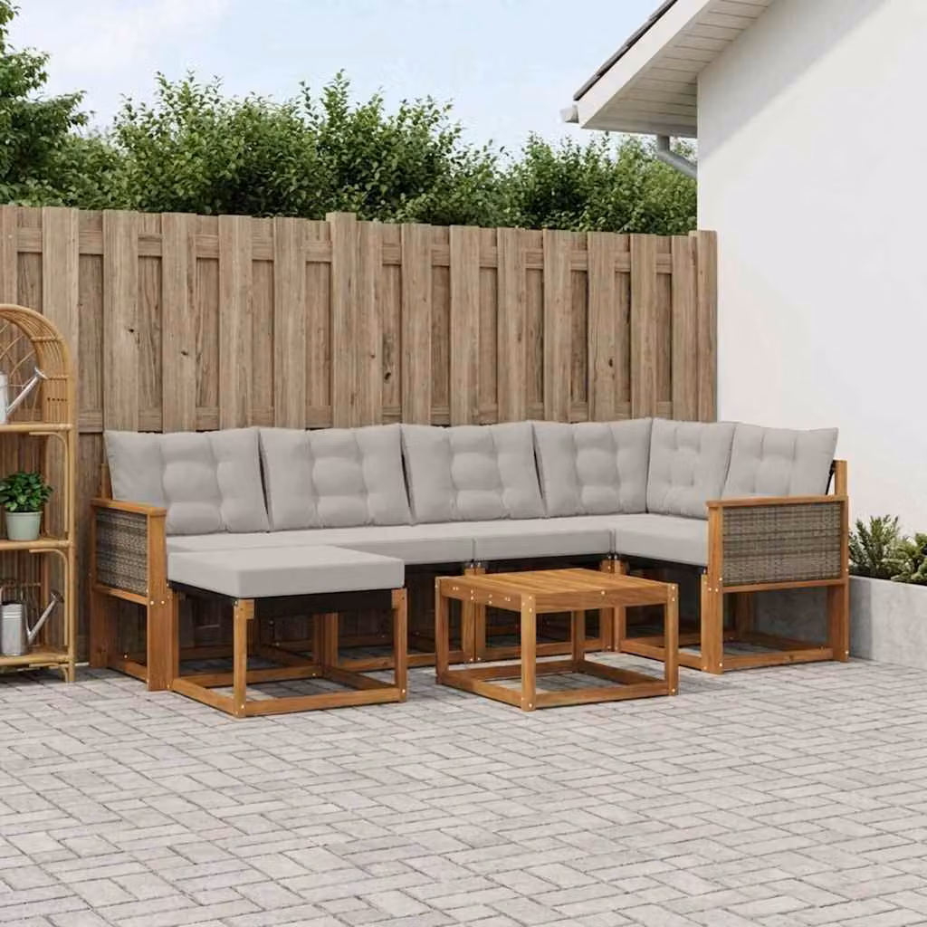 Set di divani da esterno vidaXL 7 pz a forma di L in legno di acacia con cuscini beige e grigio chiaro