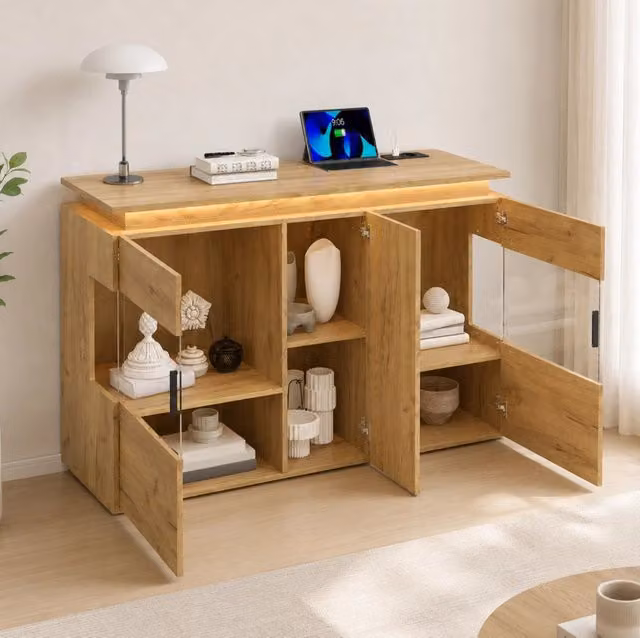 Credenza 120 cm con LED; presa UE; USB e USB-C; ante in vetro; rovere chiaro