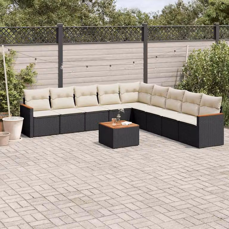 Set di Divani da Giardino vidaXL a Forma di U in Polyrattan Nero con Cuscini e Tavolino da Esterno