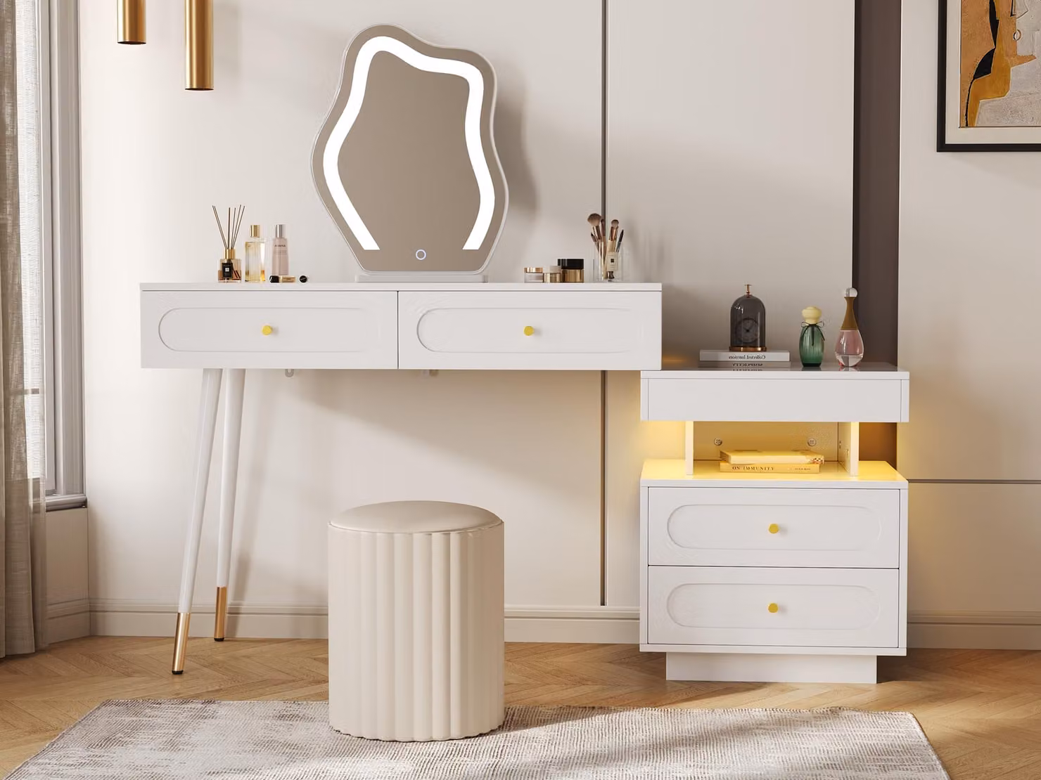 Tavolino da toilette Sweiko con specchio e illuminazione a LED - Set di tavolini da toilette bianchi per la camera da letto con 4 cassetti spaziosi e 1 vano portaoggetti aperto - Bianco,Dimensioni: B140/T40/H130 cm(senza sgabello)
