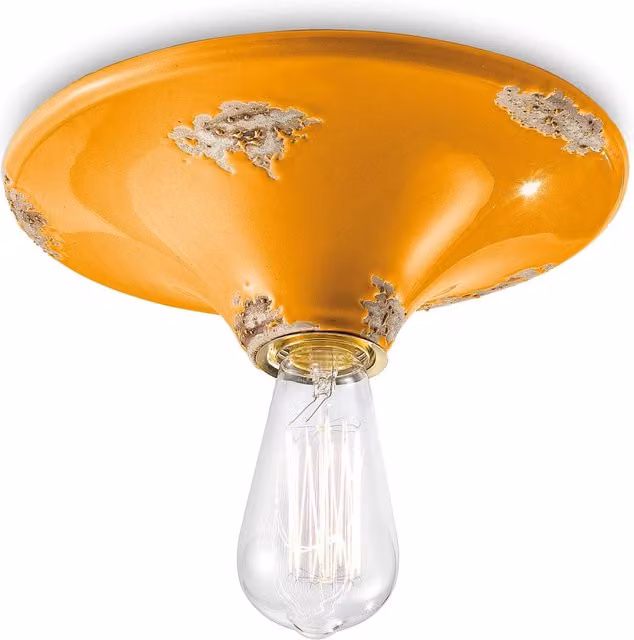 Plafoniera Vintage Ferroluce in Ceramica Gialla, Design Industriale Rotondo per Corridoio, 1 Luce E27, Diametro: 25 cm