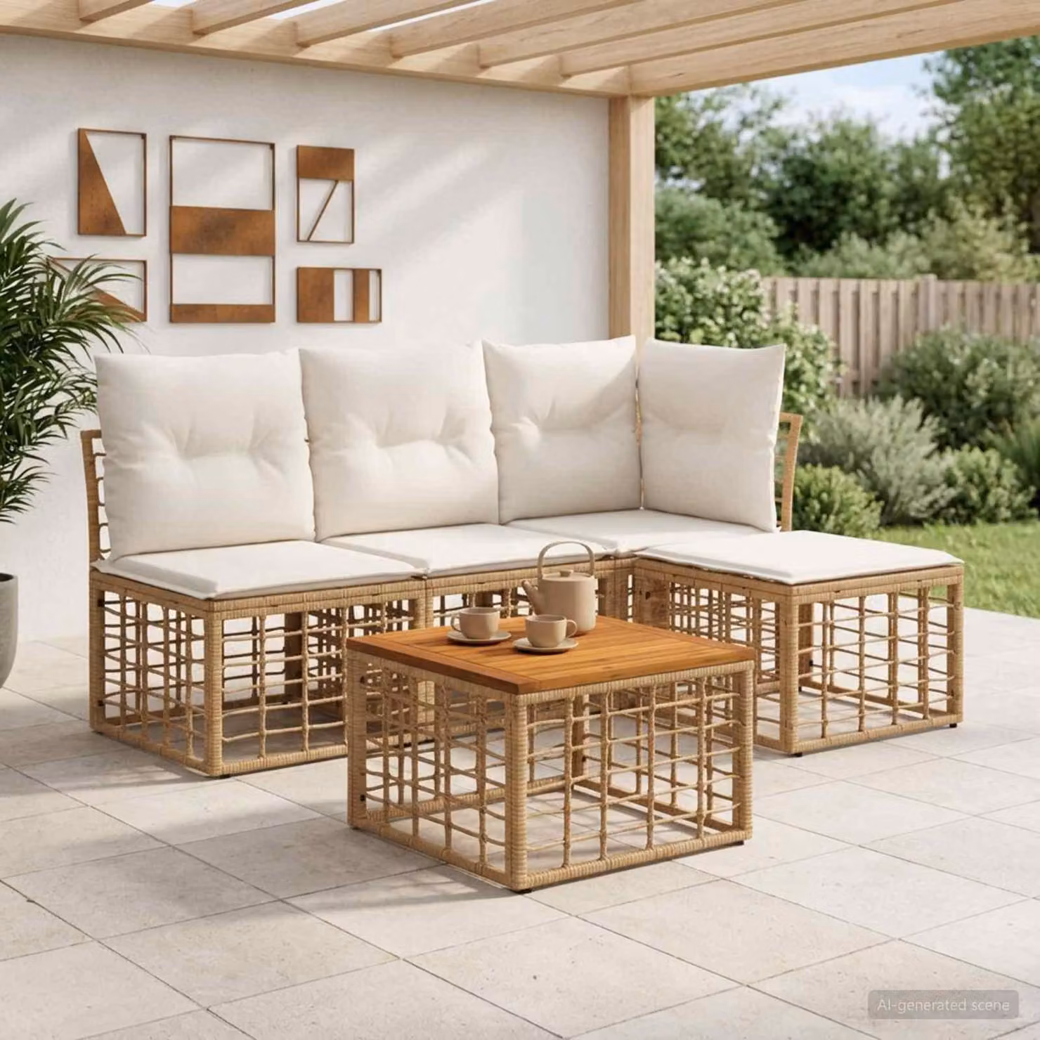 Maison Exclusive - Set da esterno per divano, composto da 5 pezzi. Tessuto in poliestere, colore naturale e crema