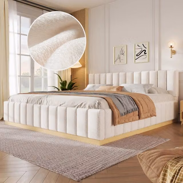 Letto imbottito 180x200 cm con rete a doghe; testiera alta in ciniglia beige