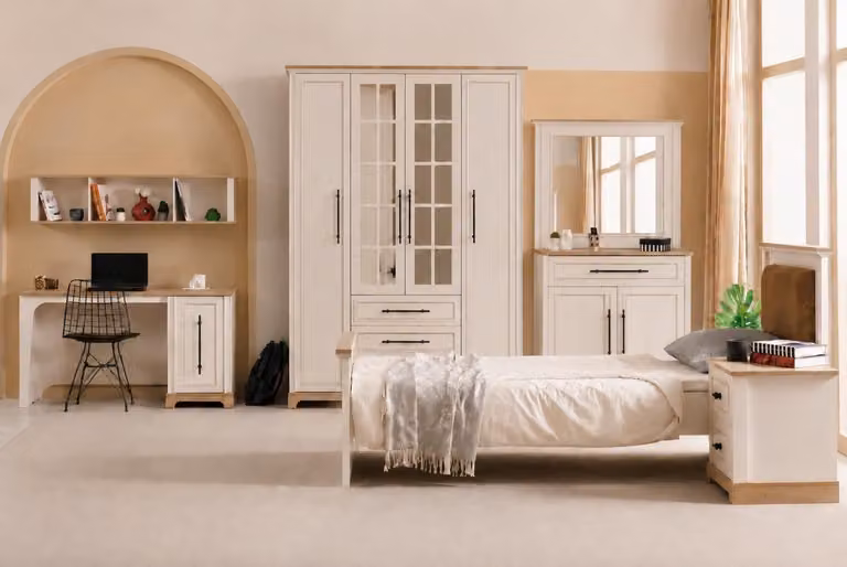 Letto singolo in legno, beige, stile rustico, con testiera imbottita
