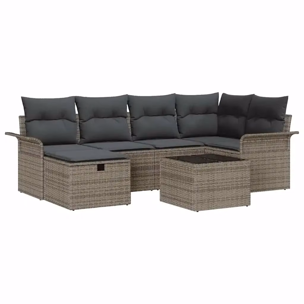 Set Divano da Giardino vidaXL 7 Pezzi in Poly Rattan con Cuscini e Tavolino, Design a L con Struttura in Acciaio Verniciato a Polvere, Grigio o Marrone – 2