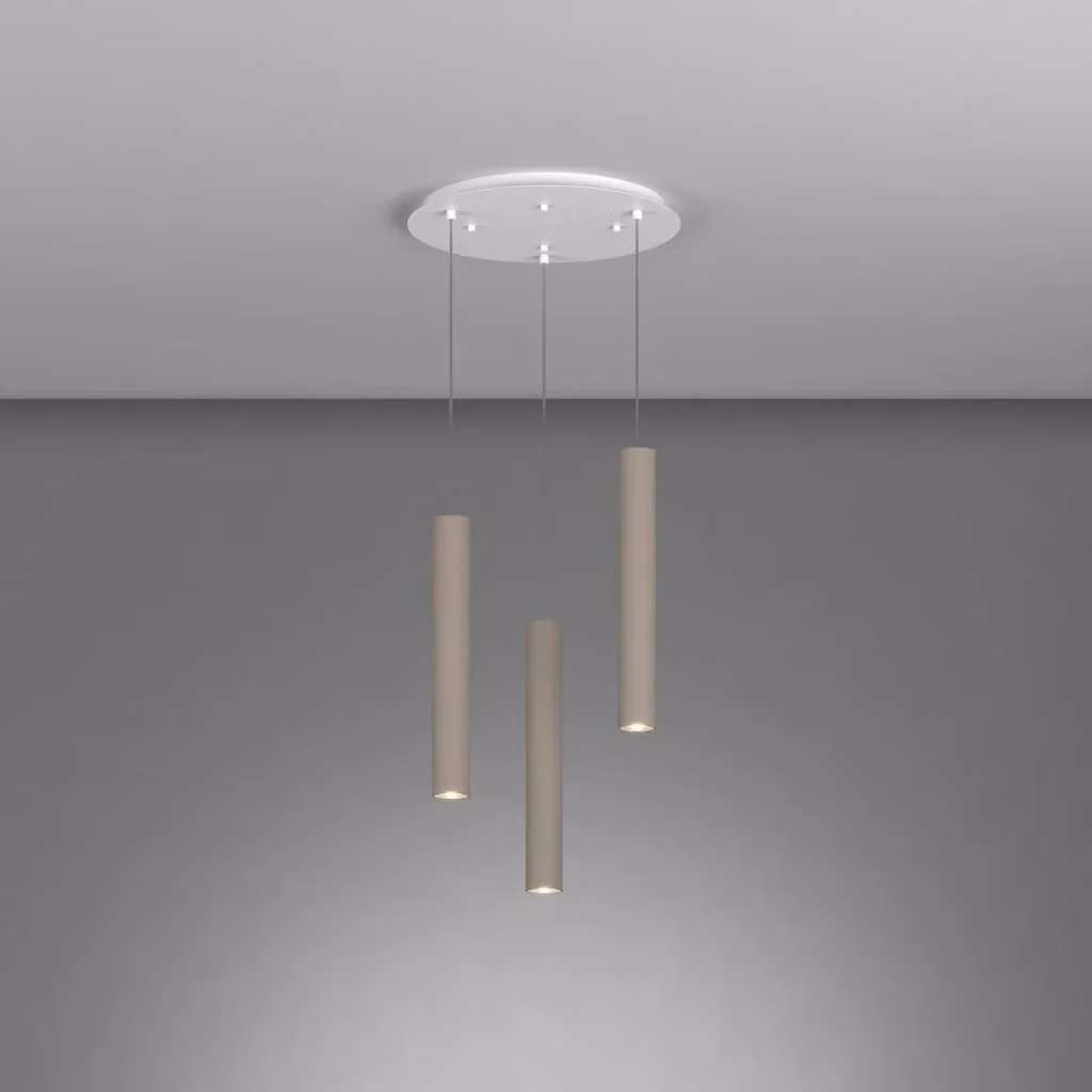 Lampadario a sospensione Xeana in metallo bianco e marrone, design industriale e minimalista, forma tonda con 3 luci GU10, Diametro: 40 cm – 2