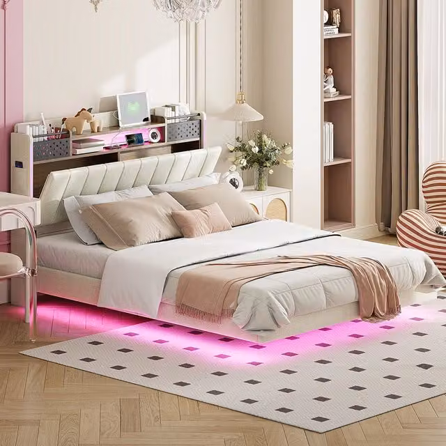 Letto matrimoniale con illuminazione LED - Xylo - 140x200 cm - Beige - Con contenitore
