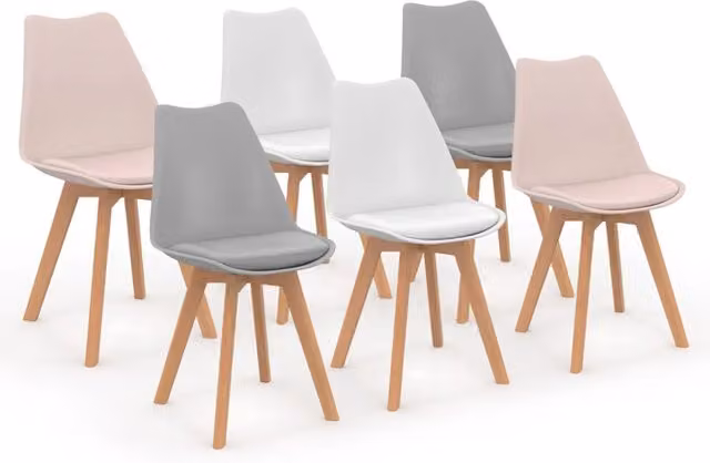 Set di 6 sedie scandinave SARA IDMarket in plastica e legno, mix di colori rosa pastello, grigio chiaro e bianco – 1