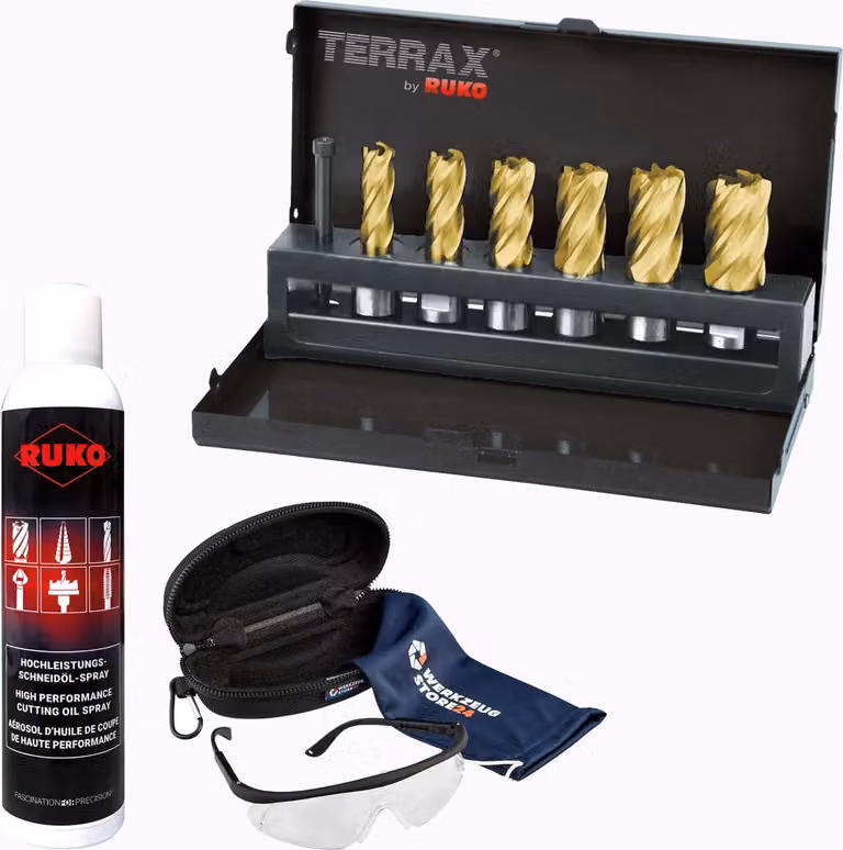 TERRAX by RUKO Set di punte per carotaggio HSS-TiN con attacco Weldon (3/4"), rettificate CBN, 7 pezzi, incl. spray e occhiali protettivi - WZSA108820T