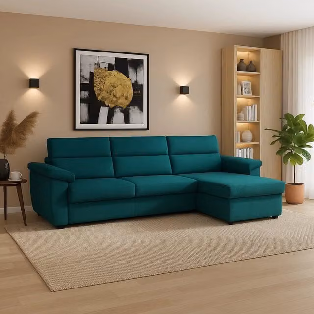 Divano ad angolo Ceto DMORA Made in Italy con penisola sfoderabile e reversibile, colore azzurro, L: 285 cm, P: 160 cm – 1