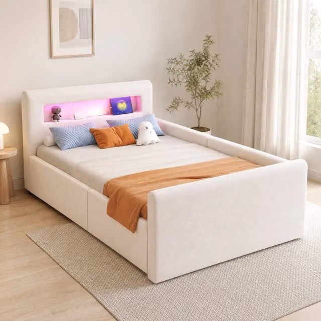 Letto imbottito per bambini 90 x 200 cm in velluto beige con LED; USB e contenitore