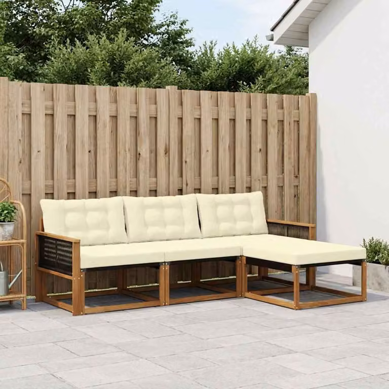 Set di divani da esterno vidaXL a forma di L con pouf, struttura in legno di acacia trattato e cuscini in tessuto beige e bianco