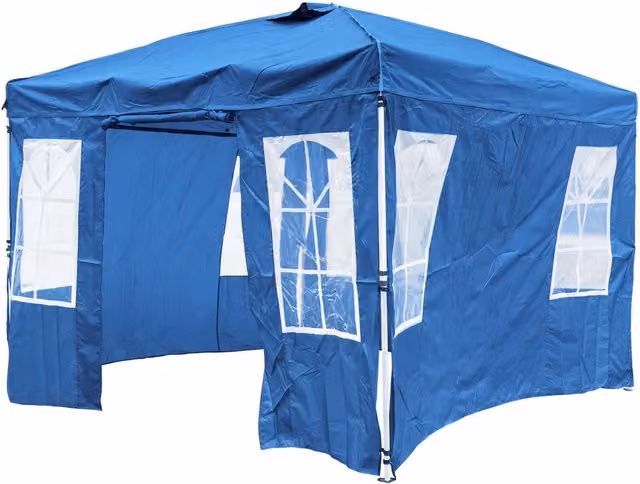 Gazebo da giardino pieghevole in metallo con 4 pareti laterali removibili e 8 picchetti, colore blu, L/P/H: 3 x 3 x 2,59 m
