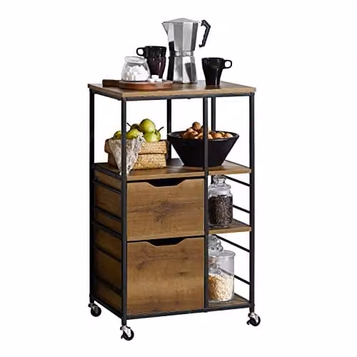 SoBuy Carrello cucina con ruote e freni, 2 cassetti, 3 ripiani, 89x53x37 cm