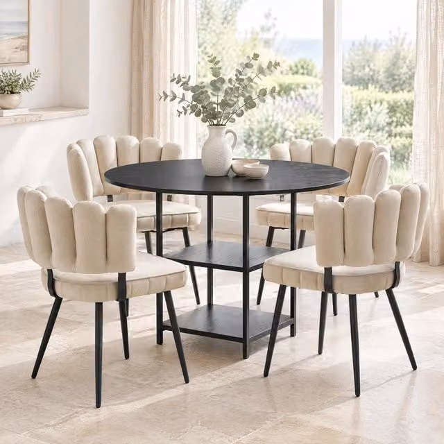Set da pranzo MIVRAY composto da tavolo rotondo in MDF e metallo nero e 4 sedie marrone chiaro, ideale per cucina o sala da pranzo, L: 120 cm, H: 75 cm