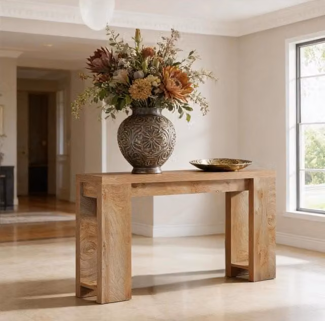 Tavolo consolle extra lungo marrone in legno, stile rustico