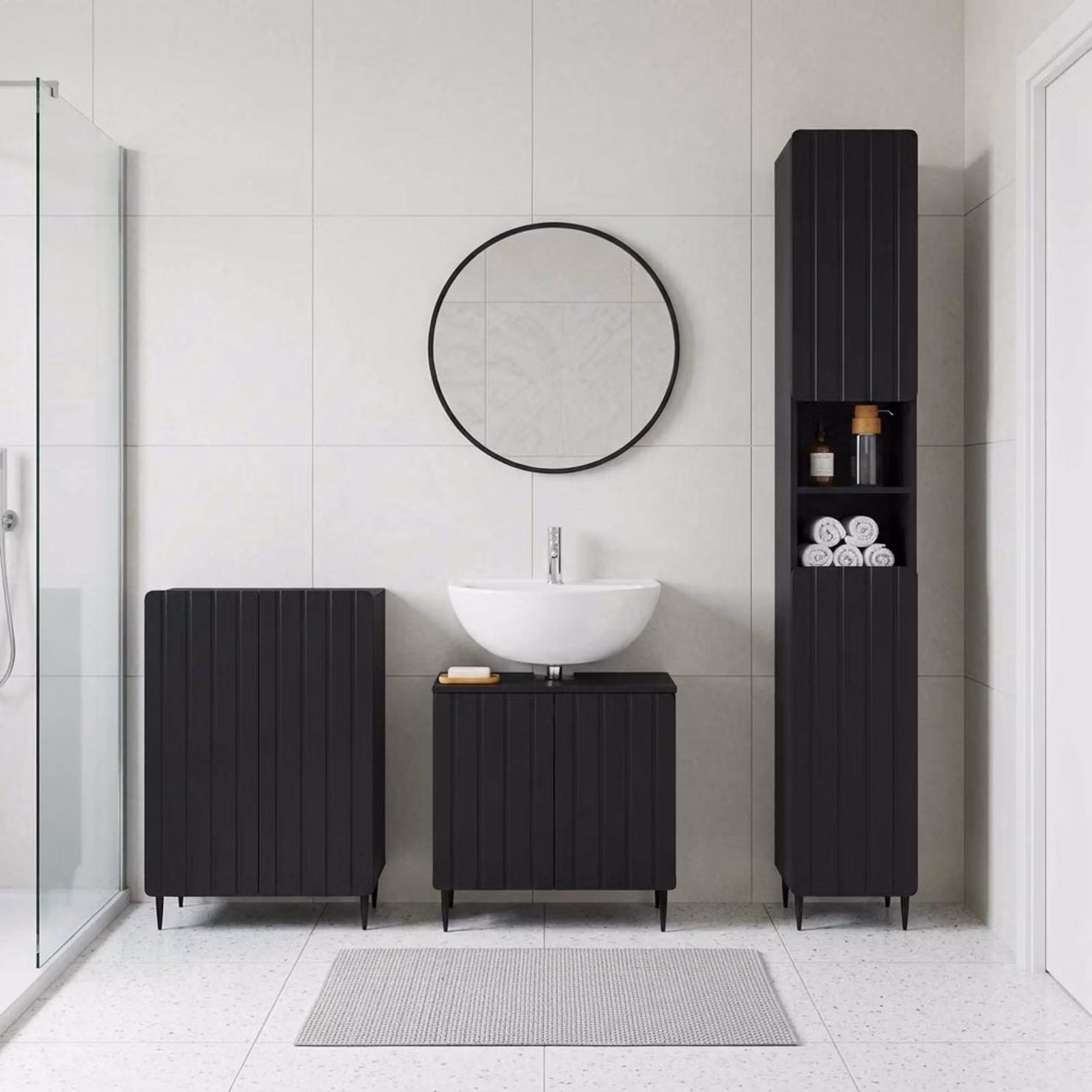 Set di armadietti da bagno moderno vidaXL ZWOLLE in 3 pezzi, colore nero opaco, con mobile lavabo e armadietti laterali