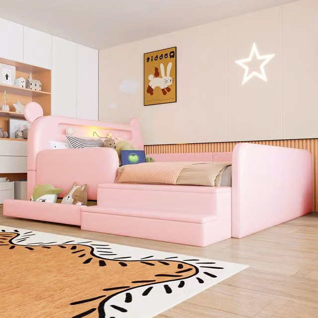 Letto per bambini moderno in similpelle rosa con luce notturna, porta USB e cassetti, L/P: 140 x 200 cm