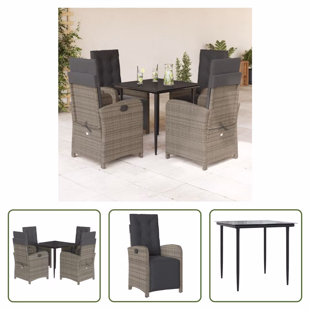 The Living Store Set da pranzo da giardino 5 pezzi con cuscini in poly rattan grigio