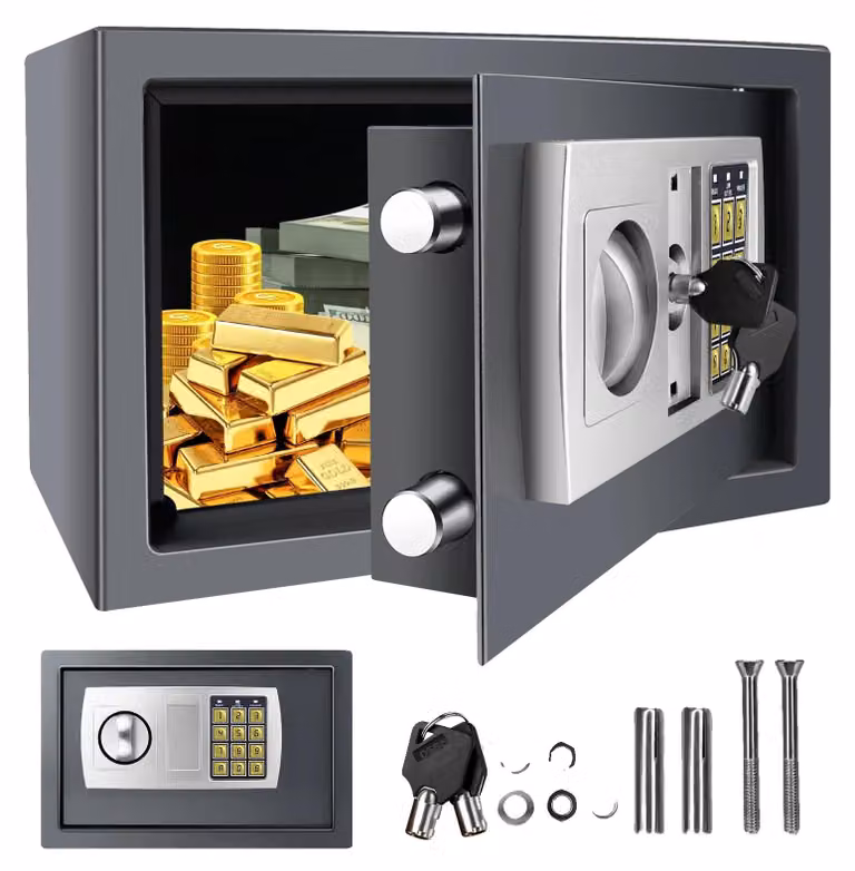Cassaforte digitale, realizzata in acciaio, dimensioni 31 x 20 x 20 cm, capacità di 8,5 litri, accesso tramite codice numerico, sistema di sicurezza con due chiavi