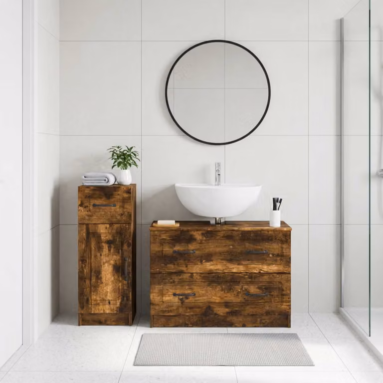 Set di mobili da bagno vidaXL UTRECHT composto da 2 pezzi in legno Rovere Fumo marrone con mobile sottolavabo e mobile laterale moderno